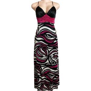 Y2K Swirl Print Maxi Dress Pink Black Satin Empire Waist Party Prom Size 3/4